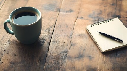 Poster - A serene and organized desktop scene featuring a ceramic coffee cup a notepad and a pen creating a minimalist and focused work environment for creative tasks research and productivity
