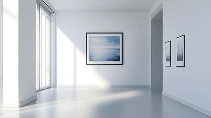 Poster - Stylish minimalist wall setting with a simple white frame mounted centrally providing an elegant and versatile space to showcase custom artwork paintings photographs or other visual creations