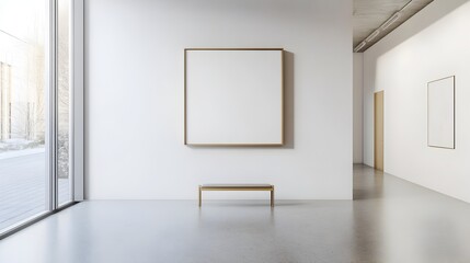 Poster - Captivating Minimalist White Wall with Centered Picture Frame Offering Ample Space and a Blank Canvass for Showcasing Custom Artwork or Graphic Design