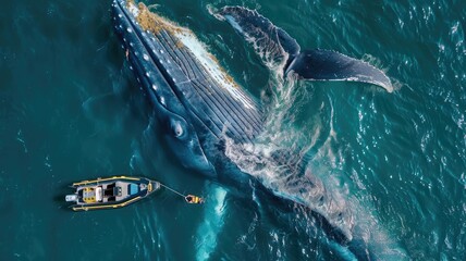 Aerial view of a large whale next to a small boat on the ocean. Top down view of whale swimming with fin and tail emerging from sea with little boat sailing near. Ocean life and adventure. AIG53.