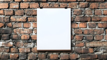 Poster - Blank poster or sign hanging on a rustic brick wall background providing ample space for custom design branding messaging or advertisement  Minimalist
