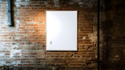 Poster - Minimalist scene of a blank poster or signage hanging on a vintage brick wall background providing ample copyspace and mockup area for custom design branding or advertising purposes