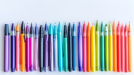 Poster - Neatly arranged assortment of colorful pens markers and other stationery supplies in a rainbow pattern on a clean white background with copy space for creative projects office supplies