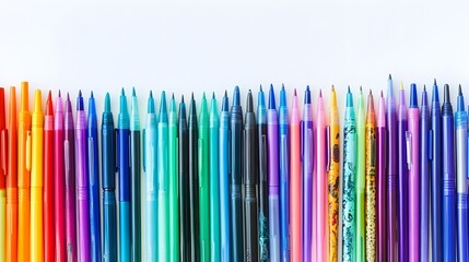 Poster - Assortment of various colorful pens markers and art supplies carefully arranged in a vibrant rainbow pattern against a clean minimalist white background with ample copy space