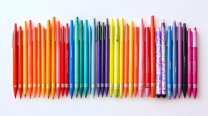 Poster - Assortment of colorful pens and markers arranged in a visually appealing rainbow pattern on a clean white background with ample copy space for text or design overlay