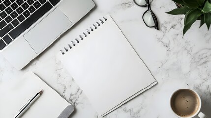 Poster - Minimalist Top View of Designer s Workspace with Blank Sketchpad Coffee Cup and Laptop on Wooden Table   Creative Flat Lay for Design Art and Business Concepts