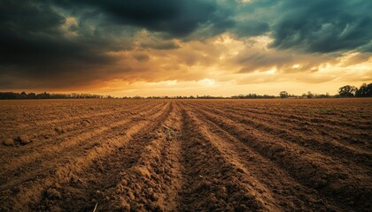 Sunset over plowed field with dramatic clouds in the evening sky near rural landscape