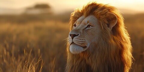 Wall Mural - dangerous powerful lion with fluffy mane looking away in savanna