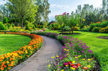 Wall Mural - Beautiful, colorful flower bed in the park with green grass and various flowers in springtime. 