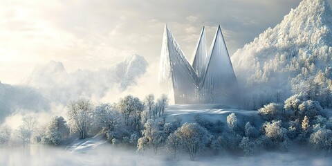 An awe-inspiring architectural marvel stands amidst a tranquil snowy landscape, with trees partially covered in frost and fog engulfing the surrounding hills