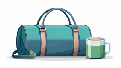 Simple flat vector illustration as Gym bag and herbal tea concept as A gym bag and a cup of herbal tea representing the balance between fitness and relaxation ideal for clean and isolated vector desig