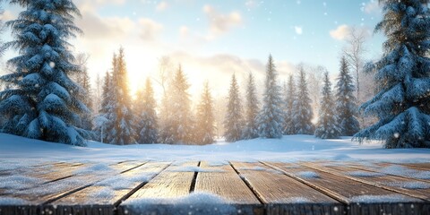 Sticker - The scene is a scenic winter landscape with a copy space. Wooden flooring is scattered with snow in a forest with fir trees engulfed in white snow. 