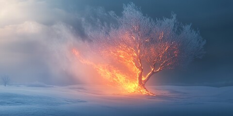 Sticker - A captivating winter scene featuring a tree partially engulfed in flames against a cold, snowy landscape and a foggy backdrop.