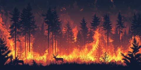 Canvas Print - A raging forest fire engulfing trees and wildlife