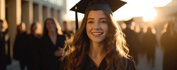 Wall Mural - an attractive young woman in her early 20s wearing a black graduation cap and gown