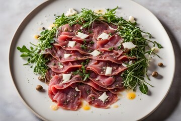 A plate of beef carpaccio with thinly sliced raw beef arugula capers and shaved parmesan drizzle, AI Generated