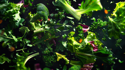 Fresh juicy greens are hanging in the air on a black background. Close-up of lettuce leaves, dill, parsley, arugula and pieces of broccoli. Ingredients for a healthy summer salad