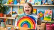 © Adisorn - Joyful child with Down syndrome smiling brightly, holding a colorful painting, surrounded by art supplies and celebrating creativity and individuality.
