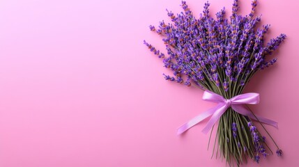 Sticker - Beautiful Bouquet of Lavender Flowers Tied with a Purple Ribbon on a Pink Background