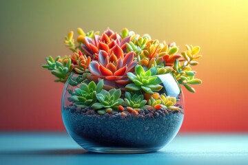 Wall Mural - Vibrant Succulent Arrangement in Glass Bowl with Colorful Gradient Background