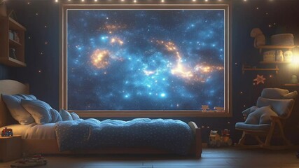 Wall Mural - fantasy landscape Cozy kids Bedroom with space, Glowing galaxies and stars view motion animation video background