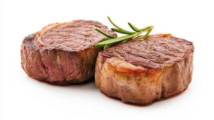 Two pieces of meat with rosemary on top