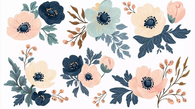 Vector floral set with leaves and flowers. Elements for your composition, greeting cards or wedding invitations. Anemones which is very beautiful