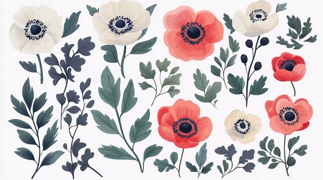 Vector floral set with leaves and flowers. Elements for your composition, greeting cards or wedding invitations. Anemones which is very beautiful