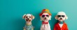 © ZeNDaY - Three dogs in stylish outfits against a teal background