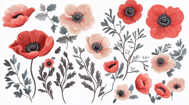 Vector floral set with leaves and flowers. Elements for your composition, greeting cards or wedding invitations. Anemones which is very beautiful