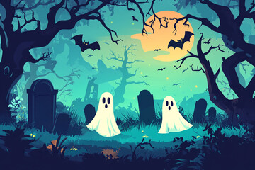 Halloween ghosts on cemetery.