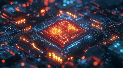 Wall Mural - Futuristic motherboard with glowing processor, technology background, circuit board, neon lights, digital abstract, representing the heart of modern computing.