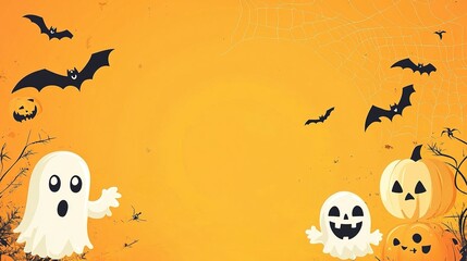 Spooky Halloween Fun: A vibrant orange backdrop sets the stage for a playful Halloween celebration, featuring adorable ghosts, grinning pumpkins, and bats taking flight. This festive design is perfect