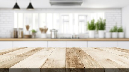 Canvas Print - Rustic Kitchen Canvas: Empty wooden table against a blurred modern kitchen background, bathed in natural light.