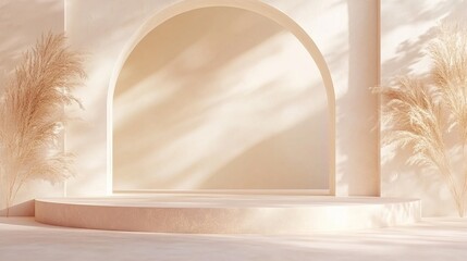 Canvas Print - Minimalist Podium with Pampas Grass: A serene and elegant product display with a circular podium nestled in a soft, neutral archway, bathed in warm sunlight. 