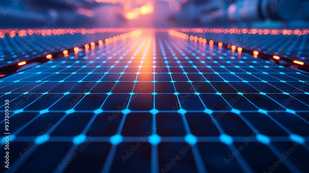 Solar panel abstract background with blue glow effect, illustrating the ...