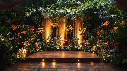 Tropical garden stage with a wooden platform and lights, providing a stunning and versatile space for events, performances, or product displays.