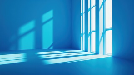Fototapete - Light blue minimalistic background with shadows and light effects from windows, suitable for product presentations