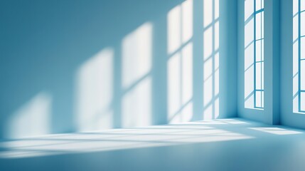 Fototapete - Light blue minimalistic background with shadows and light effects from windows, suitable for product presentations