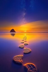 Wall Mural - Tranquil sunset at the beach with footprints leading to a serene horizon