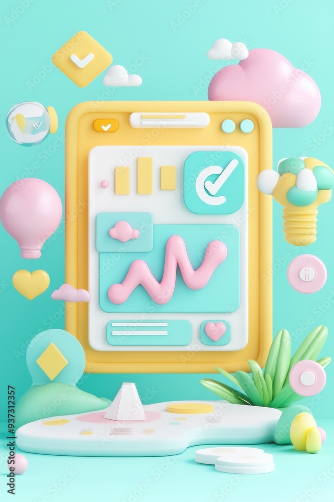 D Cartoon App UI Design With Checkmark Heart Chart and Lightbulb Stock