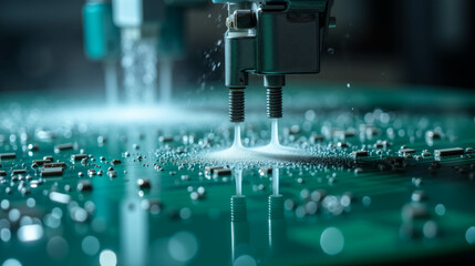 A technician carefully applies adhesive to a circuit board using a precise dispensing machine in a clean, well-lit electronics assembly environment, emphasizing detail and accuracy