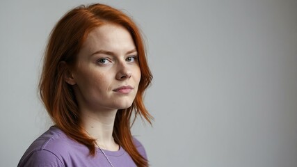 Wall Mural - teen stunning red hair white woman with purple shirt model portrait standing straight on a plain white background for ad concept space for text