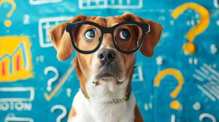 Wall Mural - Curious and perplexed dog has a lot of questions, confused dog student, study learning education concept.