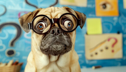 Wall Mural - Curious and perplexed dog has a lot of questions, confused dog student, study learning education concept.