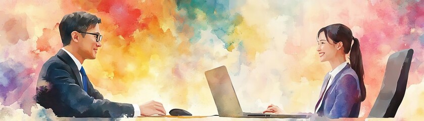 Two business people working on a laptop in a watercolor style.