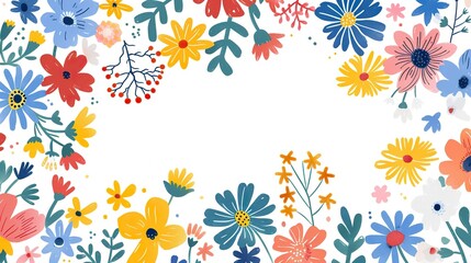 A frame of various flowers and foliage in a flat design style