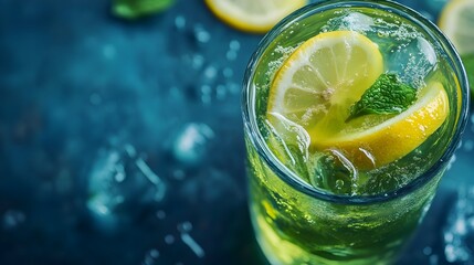 Refreshing iced green tea with lemon slices in a glass perfect for summer lifestyle and healthy living mockup photography  Plenty of copy space around the drink for text or design elements