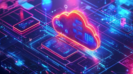 Colorful digital cloud storage concept showcasing technology and connectivity in a vibrant, futuristic design.