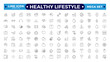 © artshuvo - Healthy Lifestyle icon set with nutrition, exercise, sleep, stress management, hydration, mental, mindfulness, and yoga. Healthy Lifestyle outline icon set. Editable stroke outline icon.